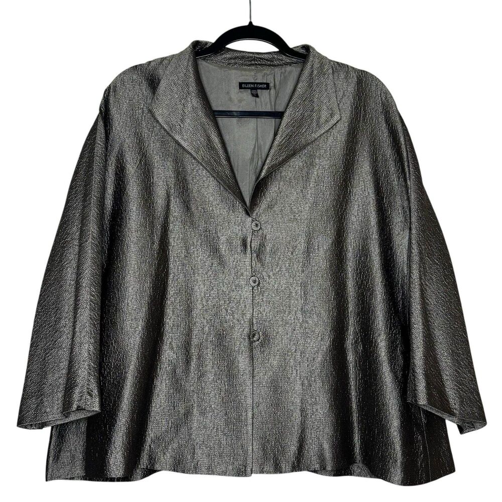 Eileen Fisher Silk Metallic Blazer Silver Green Lined Size XL Shirt Lagenlook